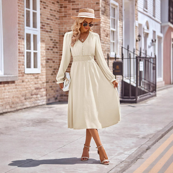 Women’s midi dress with V-neck, gathered smock waist and button placket Drune