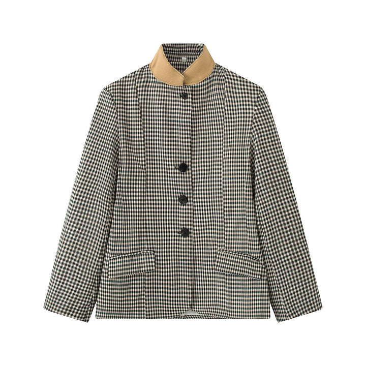 Women Checked Boxy Blazer Jacket with Contrast Stand Collar and Flap Pockets Mune Fashion