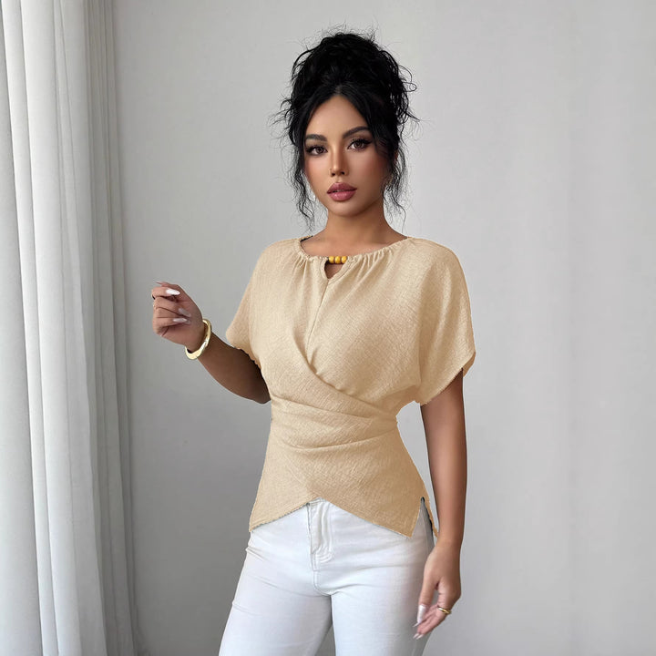 Women's Tailored Linen Look Top with Keyhole Opening, Bead Detail and Draping Mune Fashion