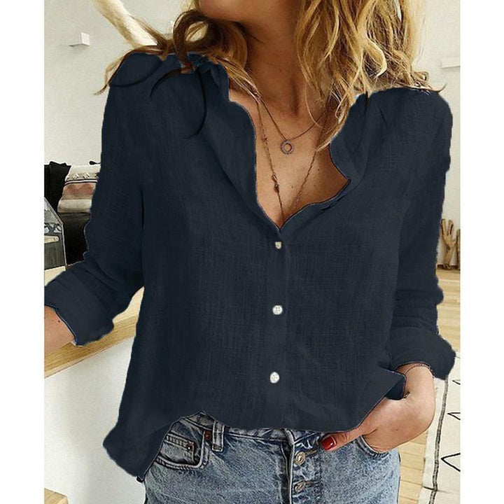 Women's breathable cotton-linen tunic blouse with Kent collar, buttoned V-neck and rounded hem Drune