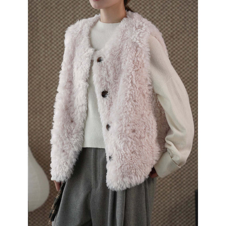 Women's Fluffy Teddy Vest with Button Closure and Round Neckline Mune Fashion