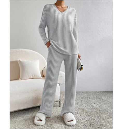 Women Cozy Ribbed Knit Loungewear Set with V-Neck and Wide Leg Mune Fashion