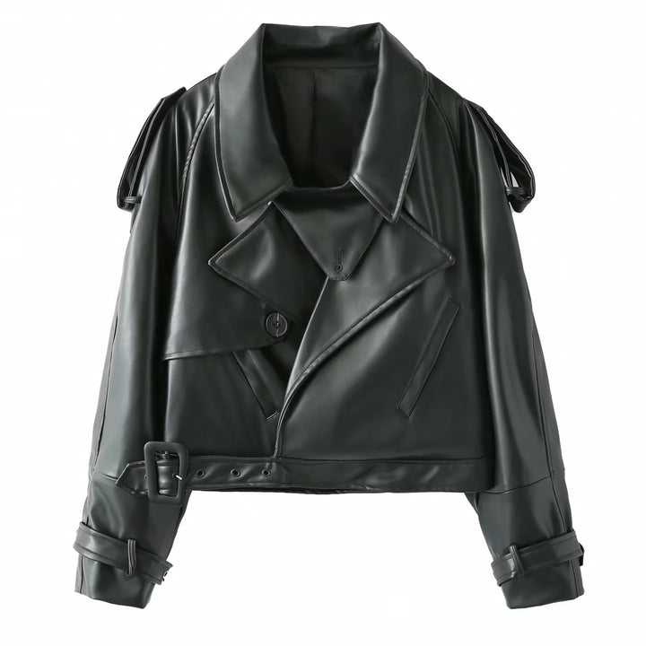 Women's cropped faux leather trench blouson with shawl collar, belt and adjustable cuff straps Mune Fashion