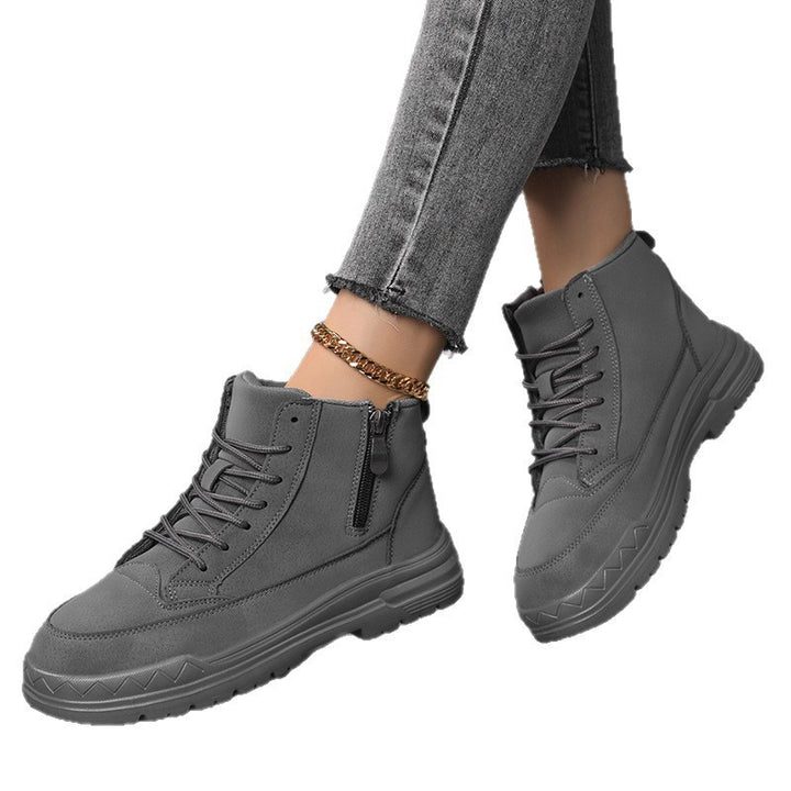 Women's ankle-high city trekker with side zipper, adjustable lacing, padded shaft, and grippy rubber outsole Mune Fashion