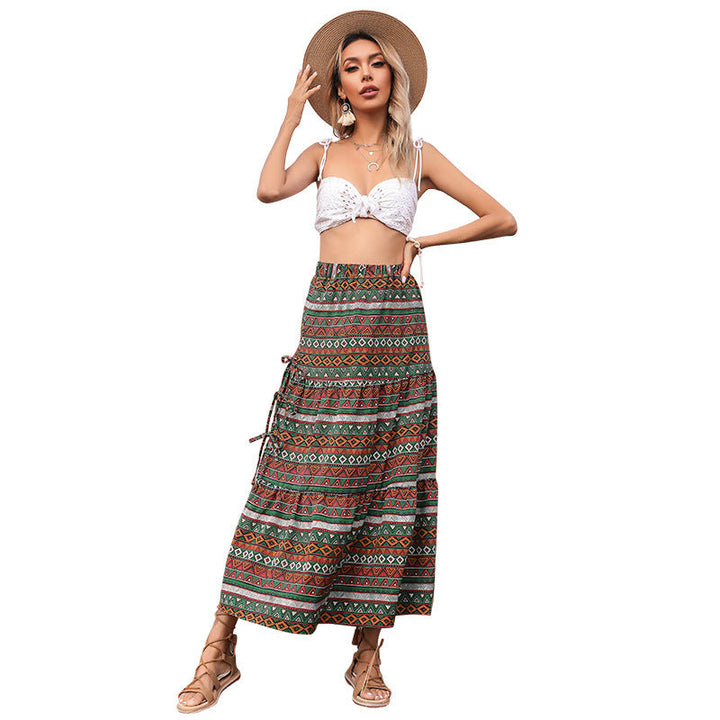 Women's Long Boho Maxi Skirt with Ethnic Print and Side Ties Mune Fashion