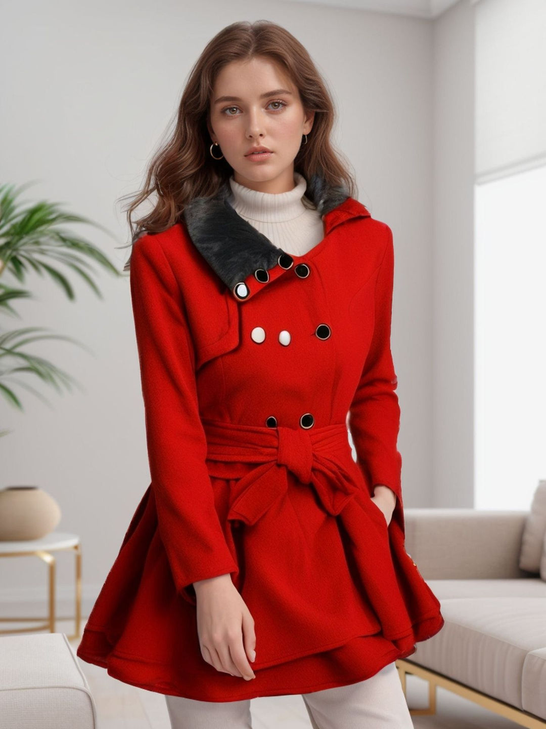 Women A-line wool blend coat with waist belt double-breasted and faux fur collar Mune Fashion