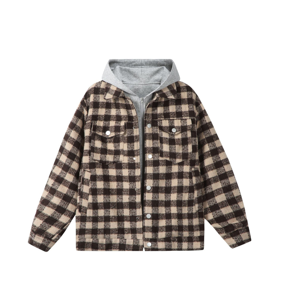 Women's short jacket in shacket style with checked wool look and integrated sweat hood Mune Fashion