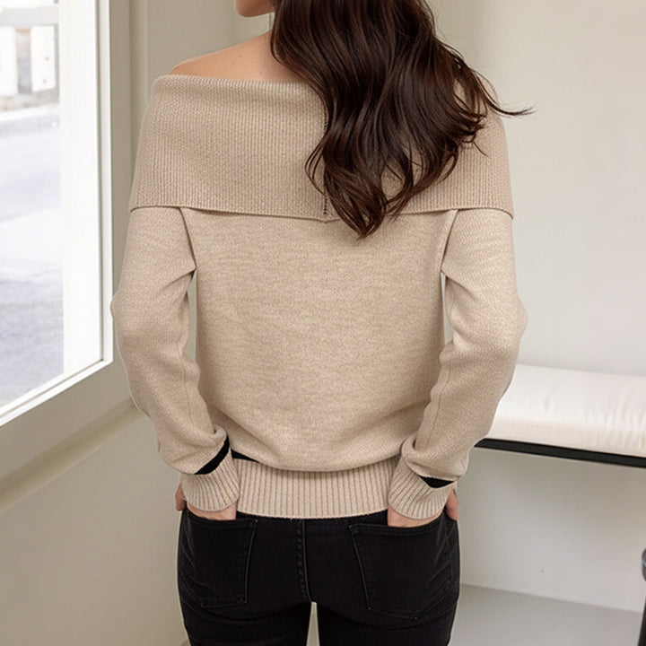 Women's Off-Shoulder Knit Sweater with Diamond Pattern and Folded Collar Mune Fashion