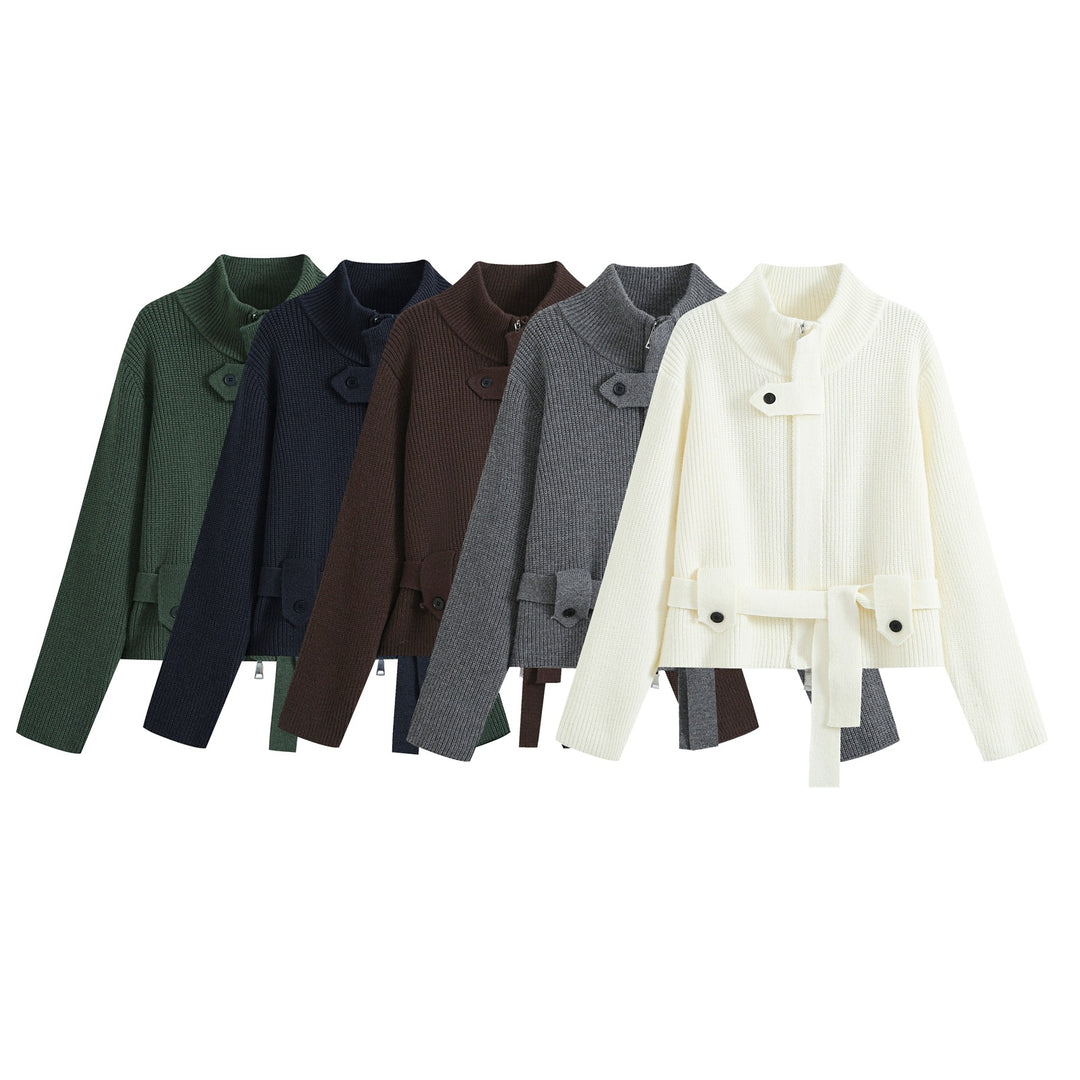 Women's cardigan with stand collar, zipper and waist tie belt Mune Fashion