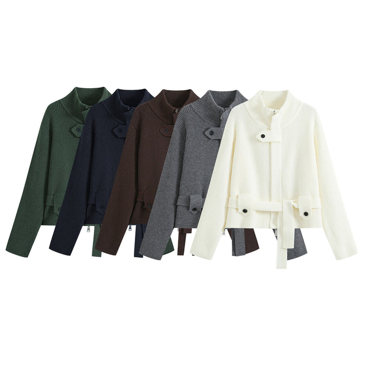 Women's cardigan with stand collar, zipper and waist tie belt Mune Fashion
