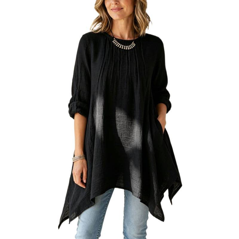Women Casual Long Tunic with Towel Hem, Ruffled Pleats and Side Pockets Mune Fashion