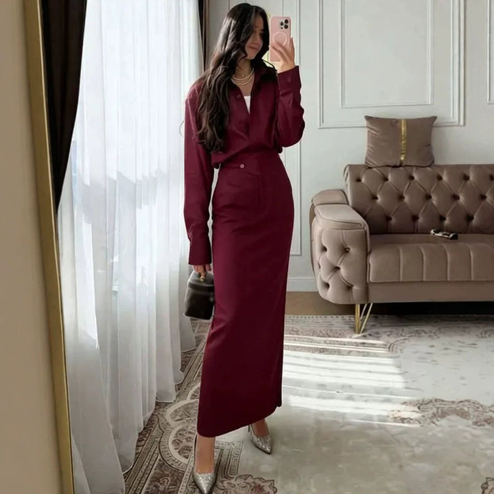 Women's Two-Piece Linen Set with Oversized Shirt and Fitted Maxi Skirt Mune Fashion