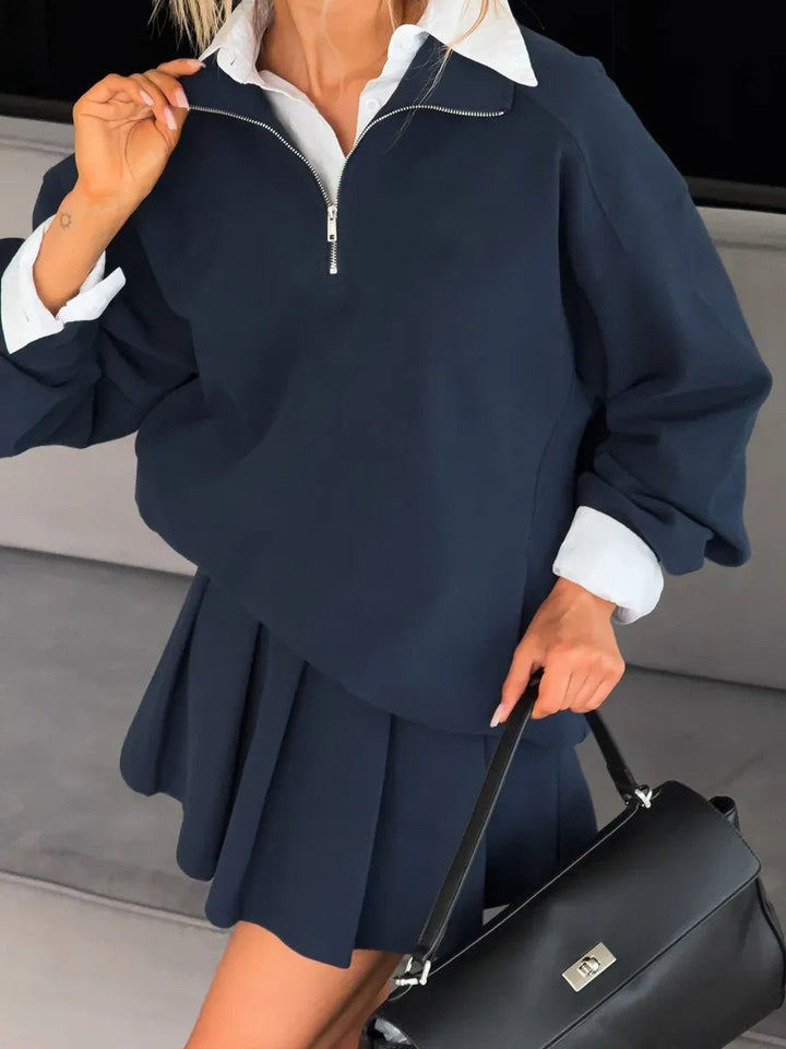 Women Oversized Sweat Dress with Half Zipper and Stand-Up Collar Mune Fashion