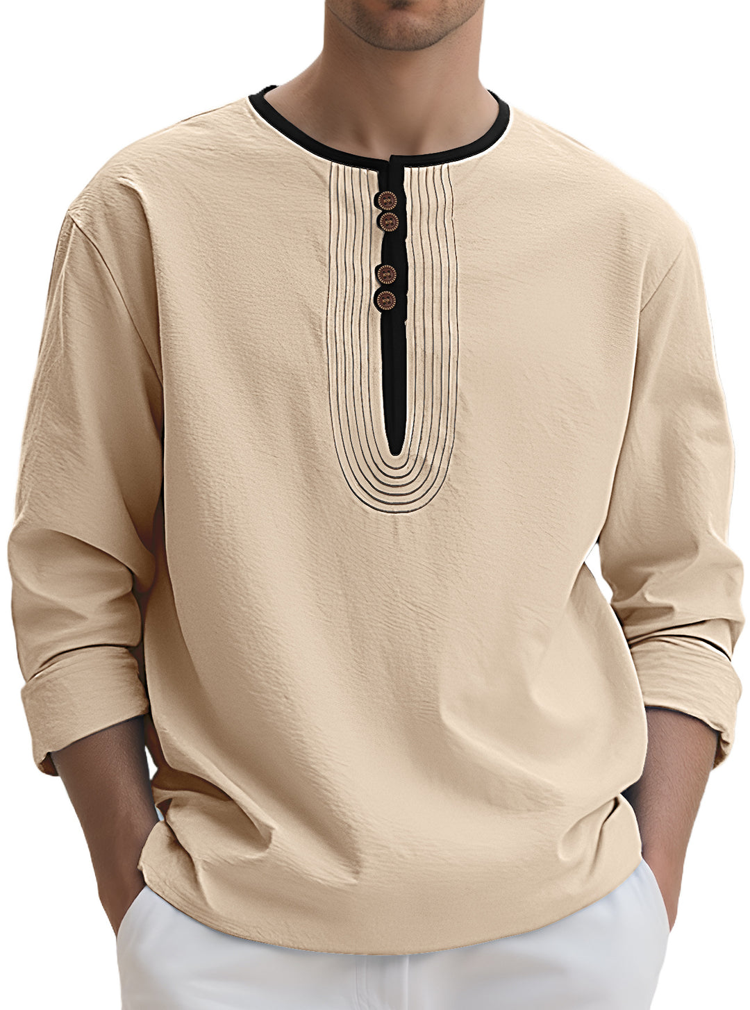 Men's loosely cut long sleeve kurta top with decorative pleats and wooden button placket Mune Fashion