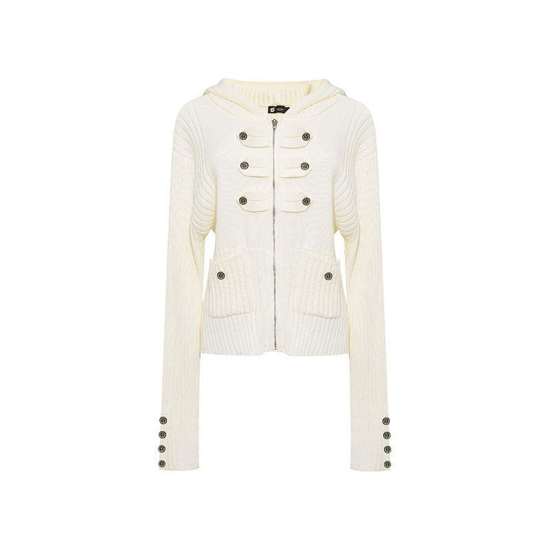 Women's ribbed hooded cardigan with zipper, decorative button placket and patch pockets Mune Fashion