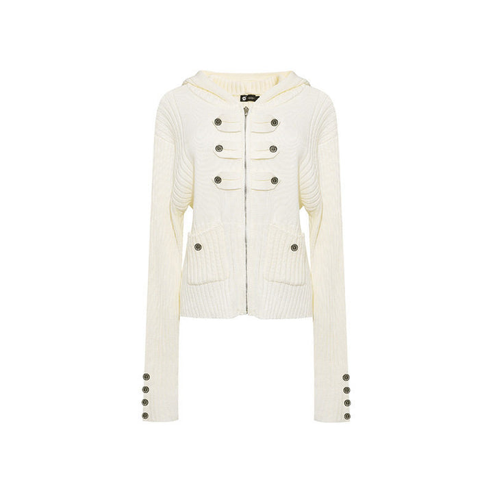 Women's ribbed hooded cardigan with zipper, decorative button placket and patch pockets Mune Fashion