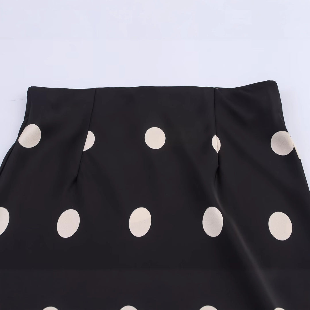 Women's A-line midi skirt made of satin with polka dot print and flowing silhouette Mune Fashion