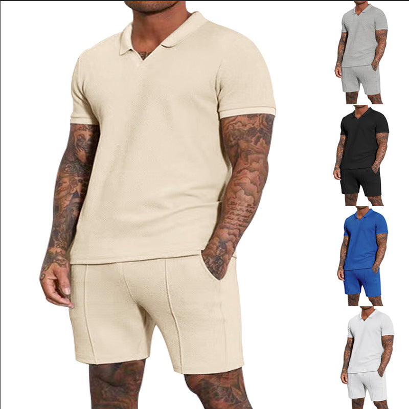 Men's short-sleeved half-collar knit set with fine waffle structure and straight-cut shorts Mune Fashion