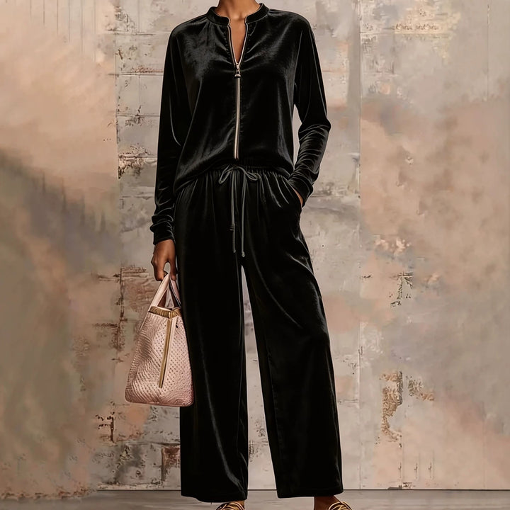 Women's velvety lounge set with stand-up collar zip top and drawstring pants Mune Fashion