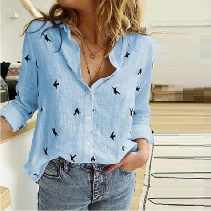 Women's breathable cotton-linen tunic blouse with Kent collar, buttoned V-neck and rounded hem Drune
