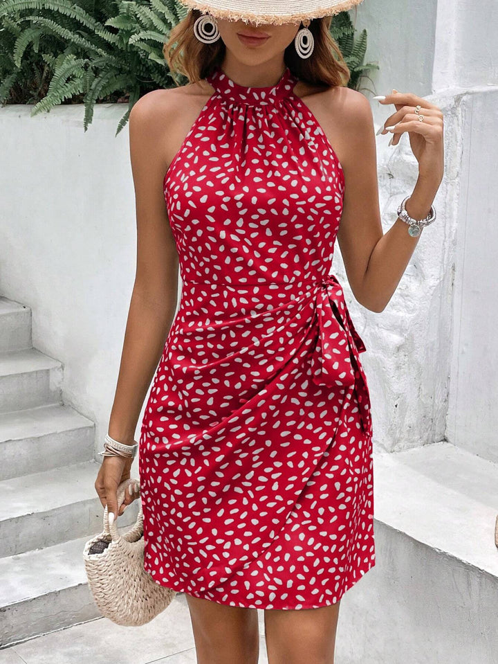 Women Halter Wrap Dress made of lightweight satin with tie belt Mune Fashion