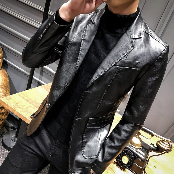 Men's Leather Blazer in Slim Fit with Notch Lapel and Two-Button Front Mune Fashion