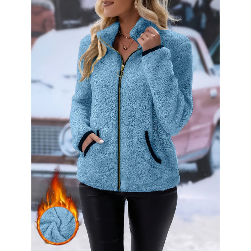 Women's thermal sherpa fleece jacket with stand-up collar, contrast edges and ring zipper Mune Fashion