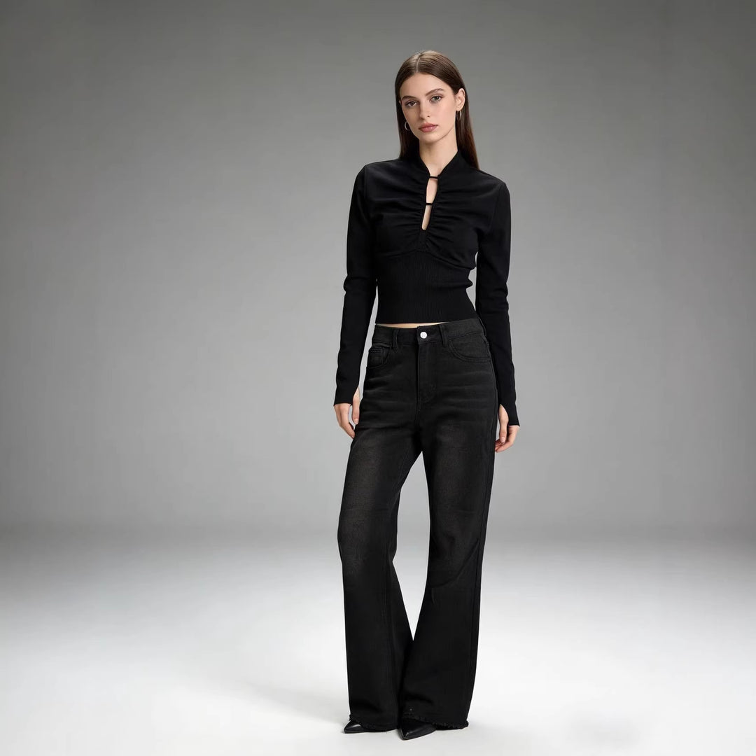 Ladies high-waisted stretch flared jeans with frayed hem and tailored five-pocket cut Mune Fashion