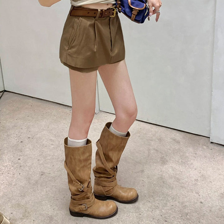 Women's Knee-High Biker Boots in Leather-Look with Adjustable Buckles Mune Fashion