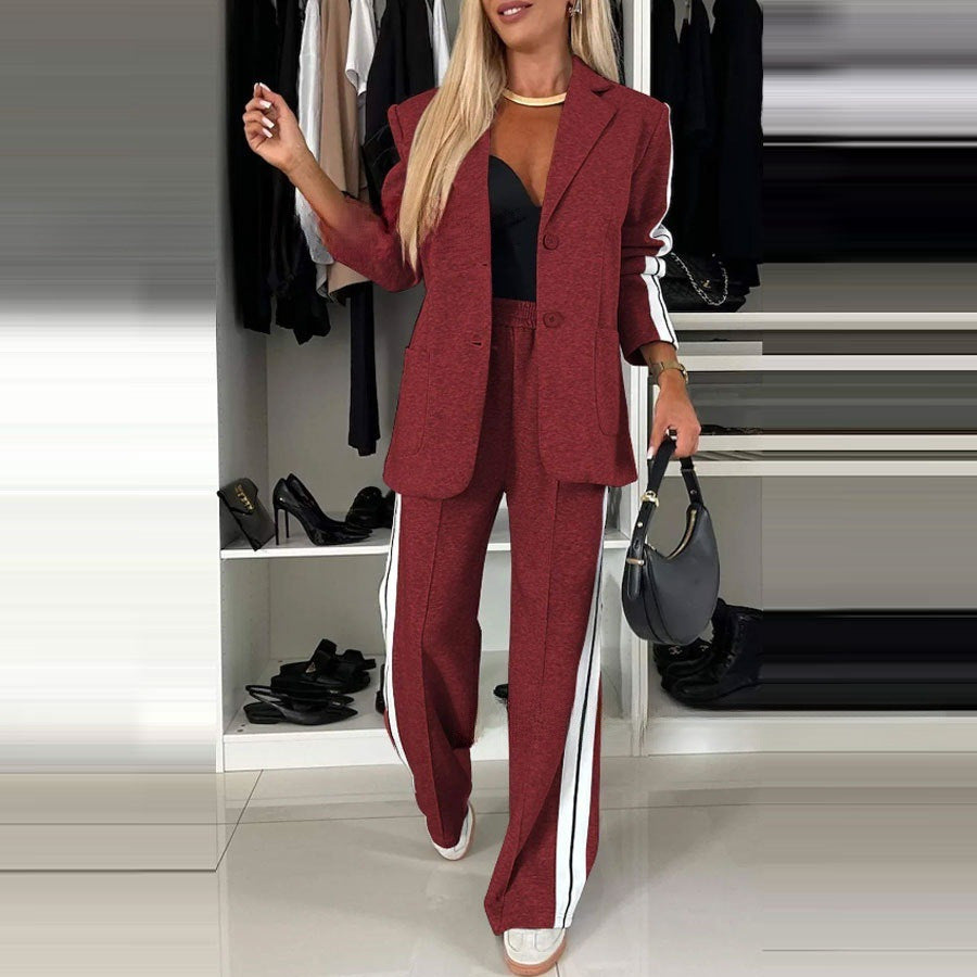 Women sporty-elegant jersey tailoring set with long blazer and wide track pant Mune Fashion