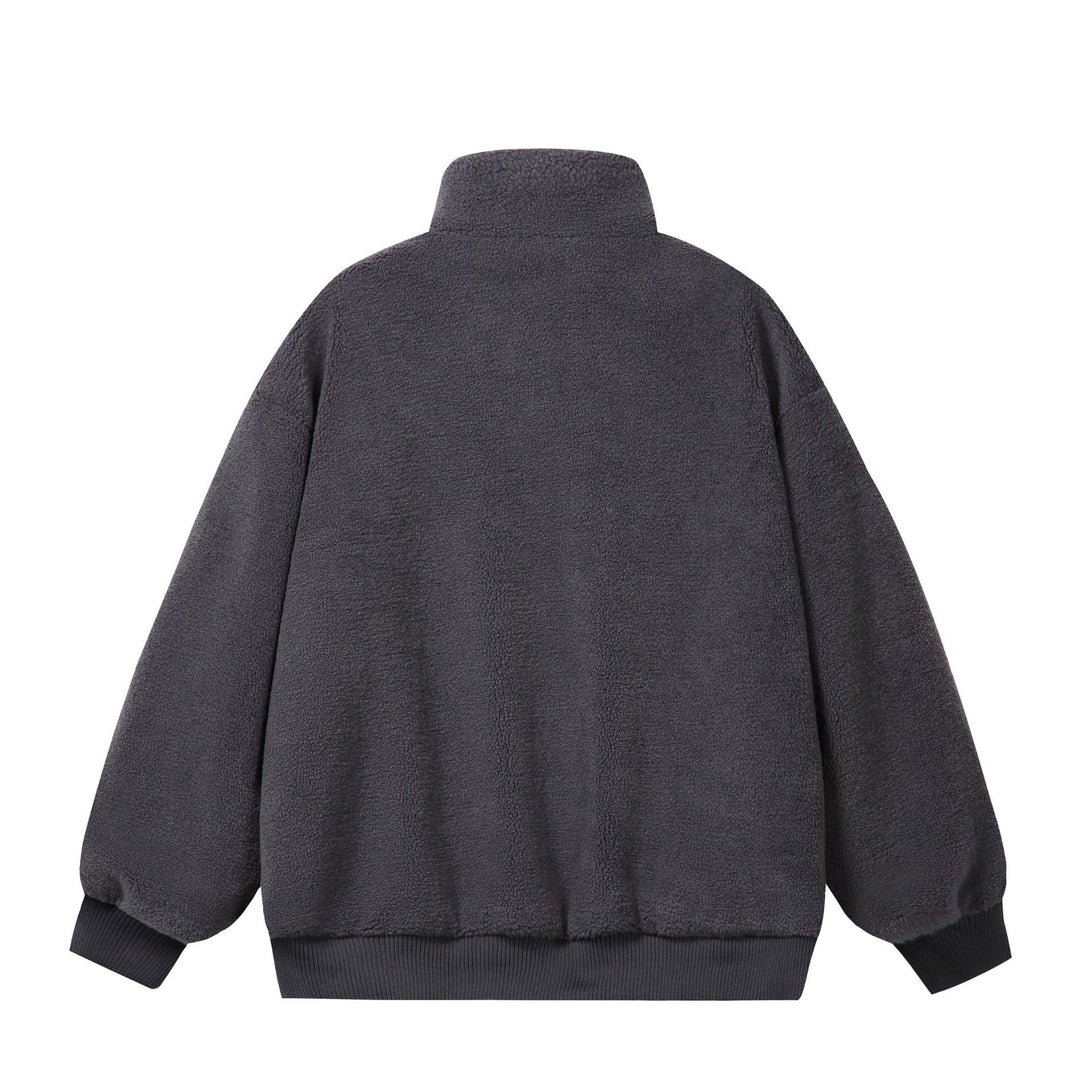 Unisex Sherpa fleece jacket in boxy cut with stand-up collar, block stripes and embroidery details Mune Fashion