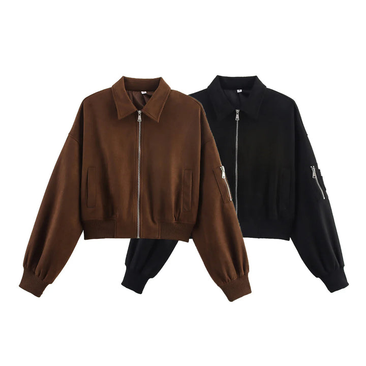 Women's cropped bomber jacket in velour look with zipper, sleeve pockets, and ribbed hem Mune Fashion
