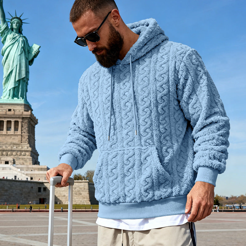 Men's Cozy Sherpa Hoodie with Cable Knit Pattern, Kangaroo Pocket and Ribbed Cuffs Mune Fashion