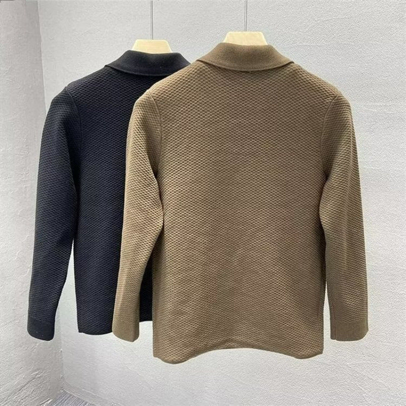 Men's Structured Knit Transitional Jacket with Shirt Collar and Patch Pockets Mune Fashion