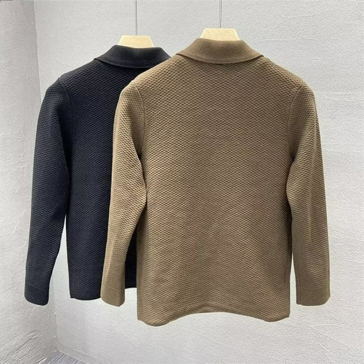 Men's Structured Knit Transitional Jacket with Shirt Collar and Patch Pockets Mune Fashion