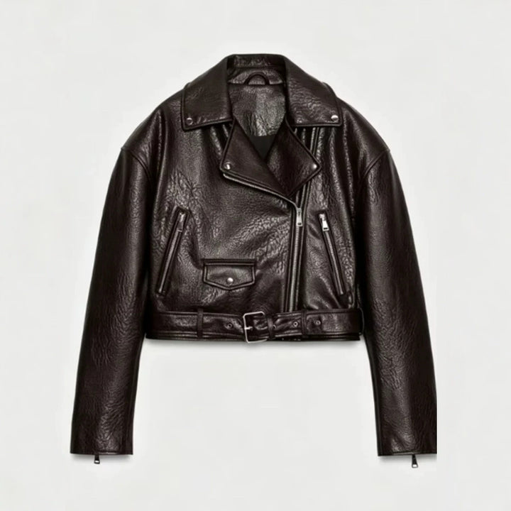 Women's short-cut biker jacket made of faux leather with a waist belt and asymmetrical zipper Mune Fashion