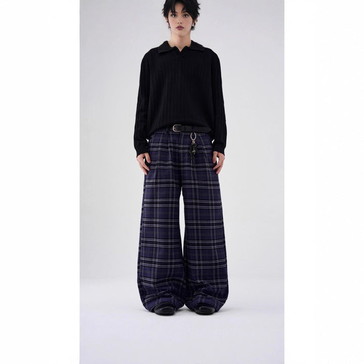 Women Casual Wide Leg Trousers in Check Pattern Mune Fashion