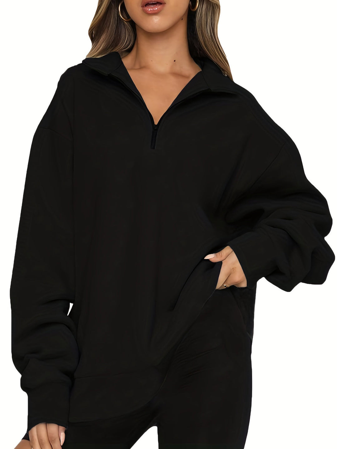 Women nan Oversized Sweatshirt with Short Zip, Stand-up Collar and Kangaroo Pocket Mune Fashion