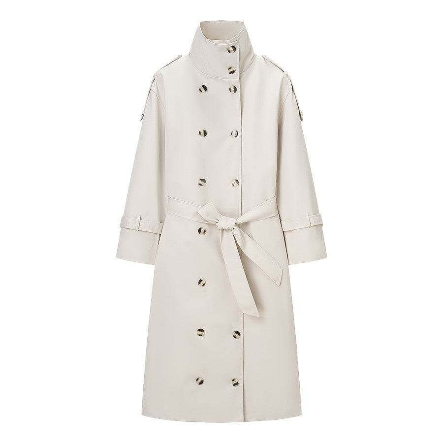 Women Longer double-breasted trench coat with high stand-up collar and waist belt Mune Fashion