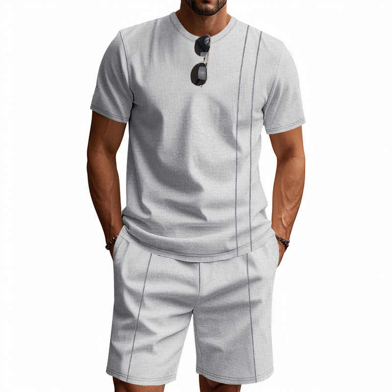 Men's urban waffle jersey ensemble with contrasting decorative seams and loose Bermuda fit Mune Fashion