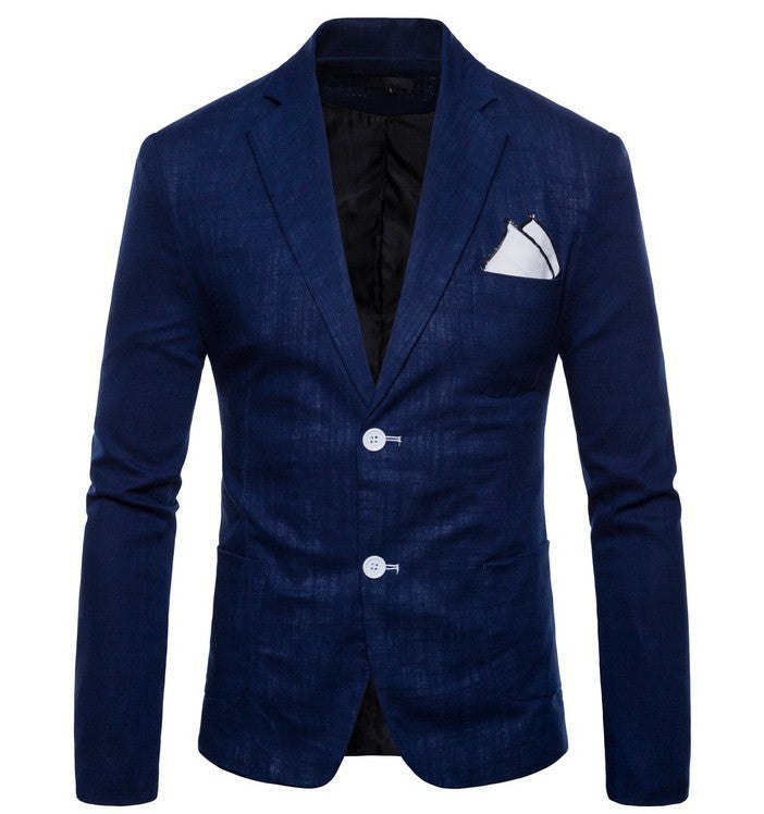 Men's elegant tailored linen blazer with notched collar, contrast buttons, and pocket square detail Mune Fashion