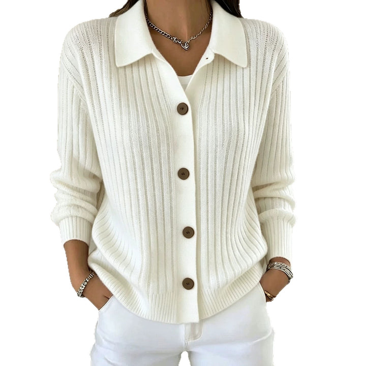 Women's Fine Ribbed Button Cardigan with Shirt Collar and Boxy Silhouette Mune Fashion