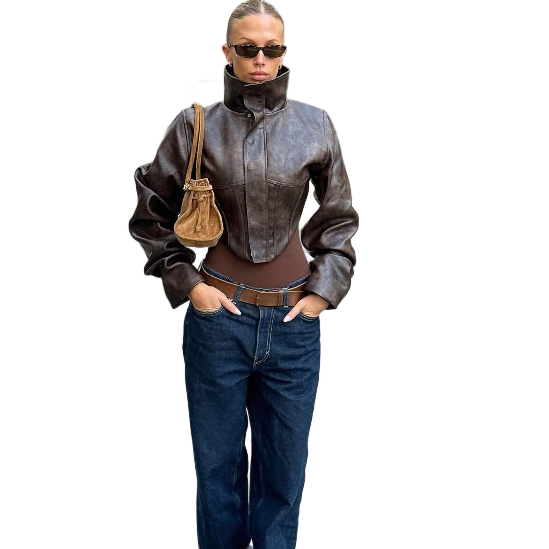 Women's Contoured Short Leather Jacket with High Stand Collar and Balloon Sleeves Mune Fashion