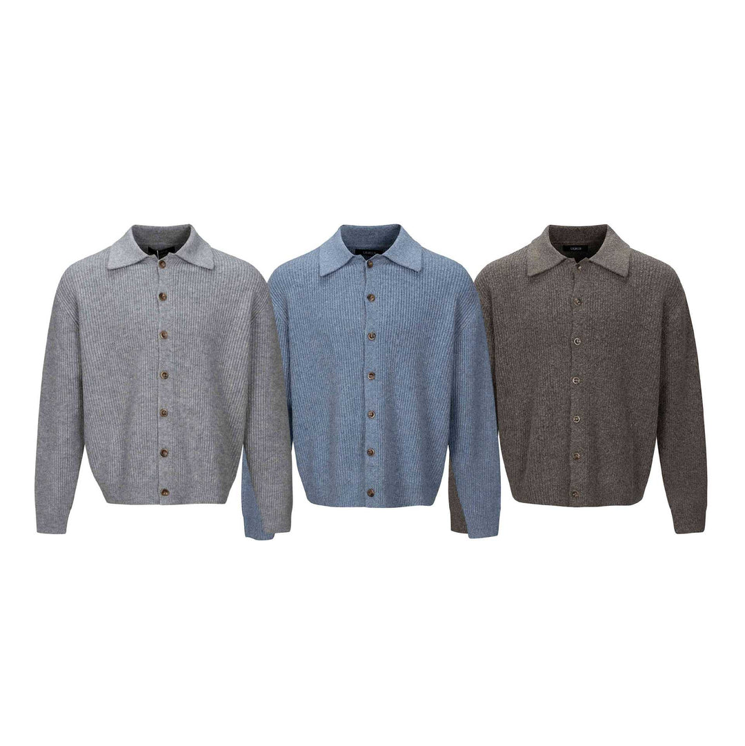 Men's Structured Knit Cardigan with Shirt Collar and Full Button Placket Mune Fashion
