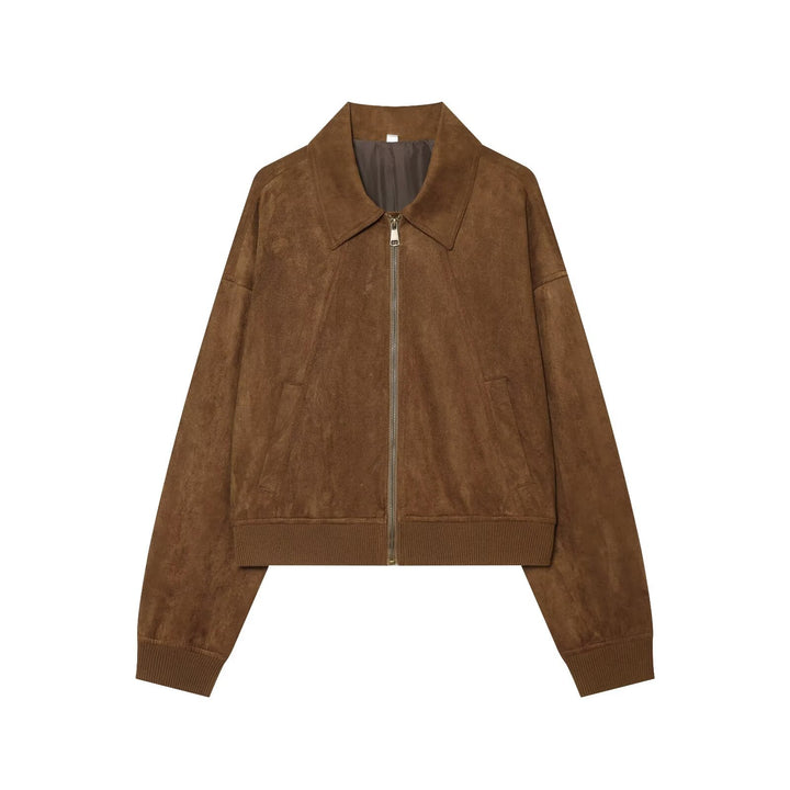 Women’s short cut suede look bomber jacket with shirt collar and ribbed cuffs Mune Fashion
