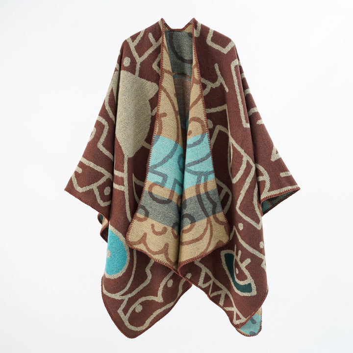 Women's Reversible Knit Poncho in Cozy Cape with Graphic Jacquard Pattern