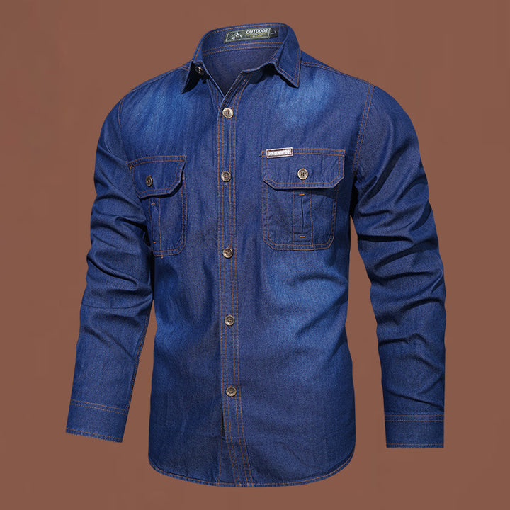 Men's robust stretch denim shirt with reinforced flap chest pockets and contrast stitching