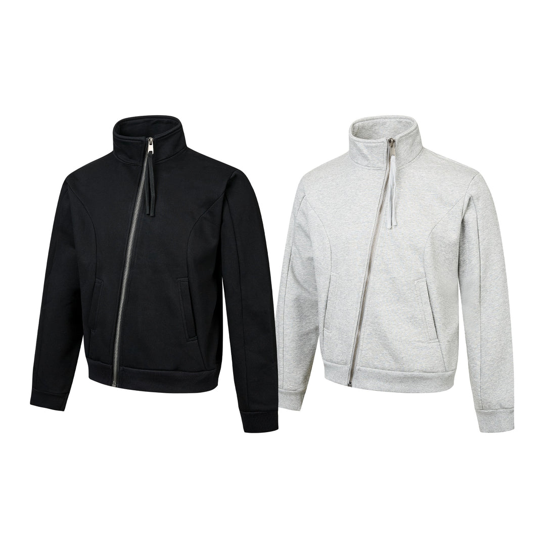 Unisex Short-cut Sweat Jacket with High Stand-up Collar and Asymmetrical Zipper Mune Fashion