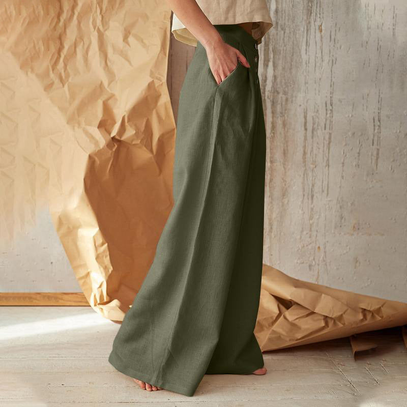 Women's wide linen pants with high waist and side pockets Mune Fashion