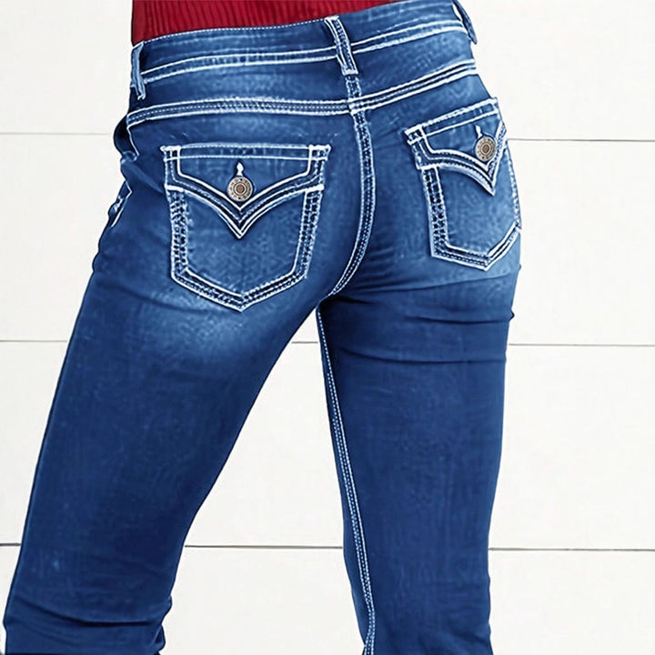 Ladies' Waist-Cinched Bootcut Jeans with Decorative Button Appliqué and Contrast Stitching Mune Fashion